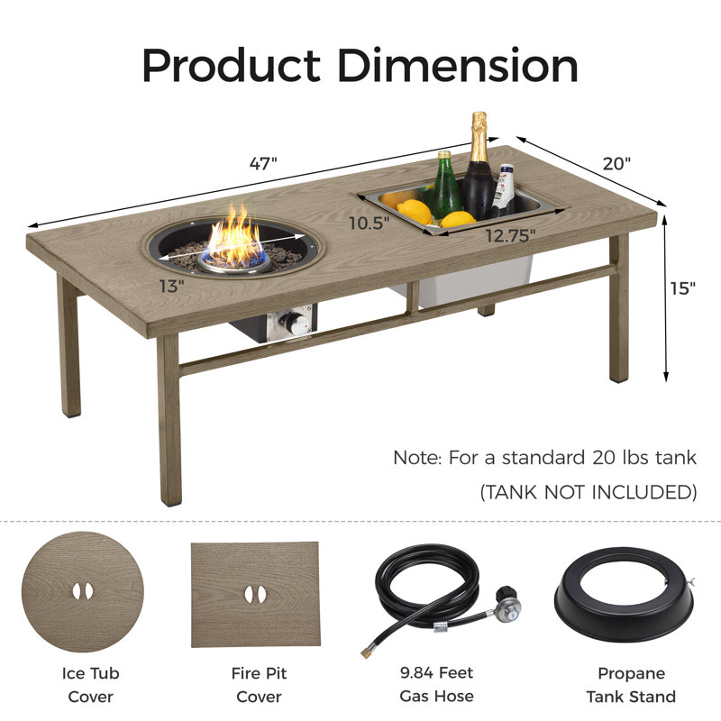Kirtsey 47" Aluminum Coffee Table with Propane Fire Pit and Ice Bucket, Gray