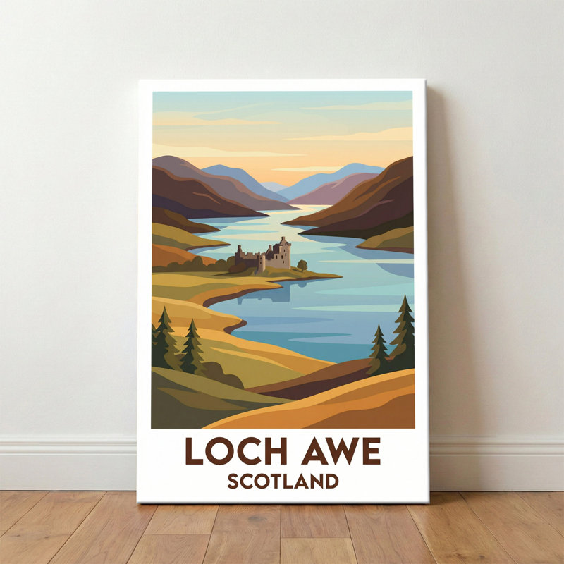 Loch Awe, Scotland - Highland Romance Travel Poster featuring Kilchurn Castle and Serene Loch. Giclee Print on Wrapped Canvas. Wall Art, Home Decor - Natural Landmarks, Scotland 1 Piece Wrapped Canvas Wall Art