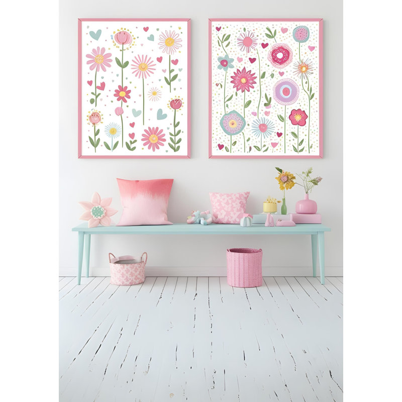 Set Of 2 Wall Art Prints – A4 Size, Unframed – Floral & Heart Designs For Kids Room