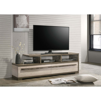 Contemporary Two-Tone Wood TV Stand With Open Shelving And Concealed Drawers For Modern Living Rooms