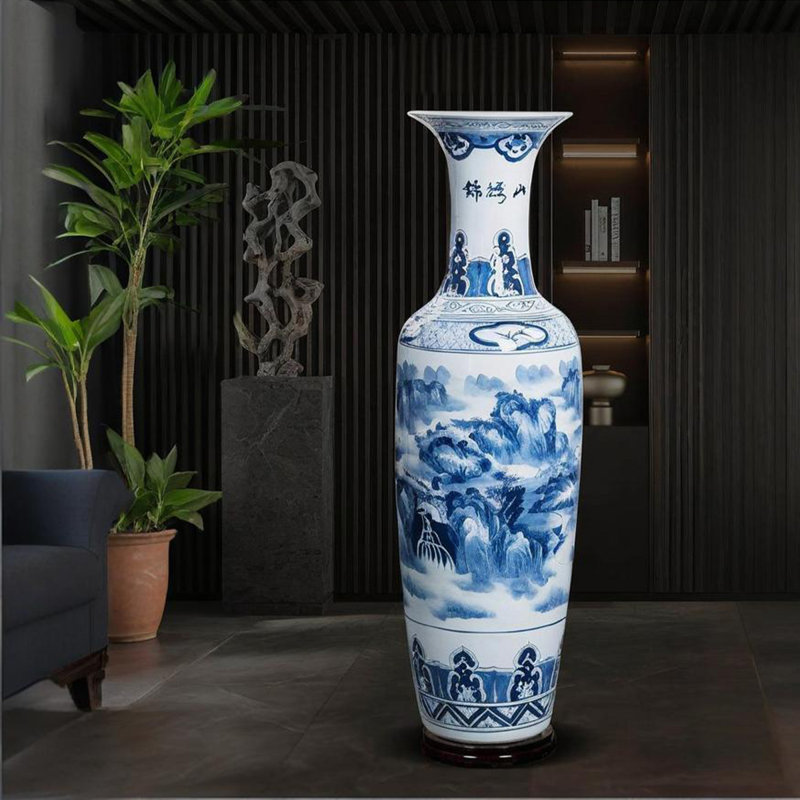 Grand vase sur pied en céramique de 70,87 po peint à la main bleu et blanc Jingdezhen, H 70,87 po x l 20,47 po x P 20,47 po