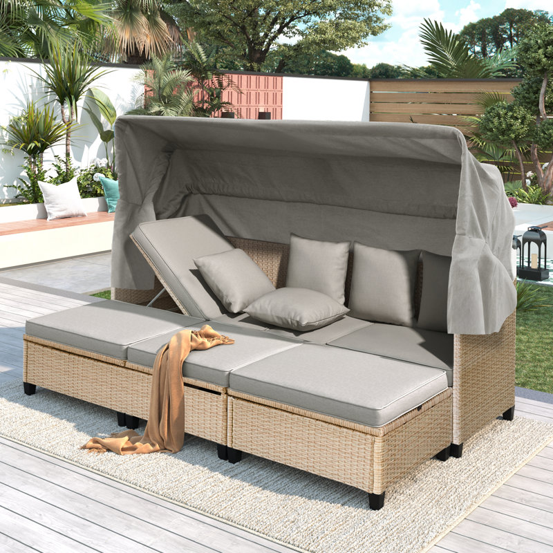 45.33" Wide Wicker Outdoor Patio Daybed With Canopy, Gray