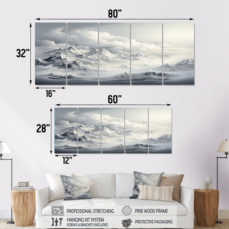 «Snowy Mountain Peaks Serenity III - Mountains Winter», ensemble d'art mural 5 pièces, H 32 po x l 80 po