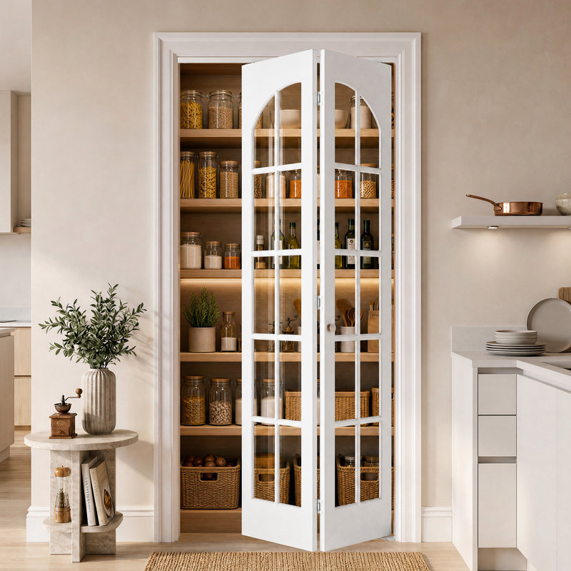 Porte pliante cintrée de 30 po x 80 po à 10 carreaux en verre trempé transparent, âme pleine et finition blanche à base d'eau, idéale pour le placard, le garde-manger et la buanderie. Quincaillerie incluse.