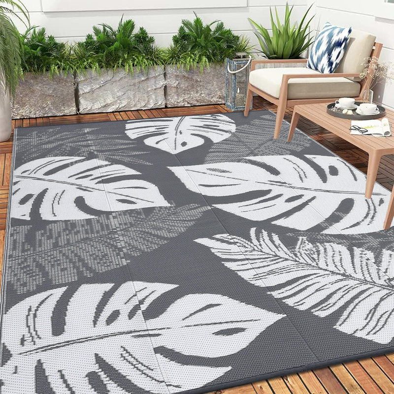Outdoor Rug Large Plastic Straw Rug, Waterproof Woven Patio Rug, UV-Resistant Reversible Mat, Tropical Leaf Outside Carpet for Backyard, RV