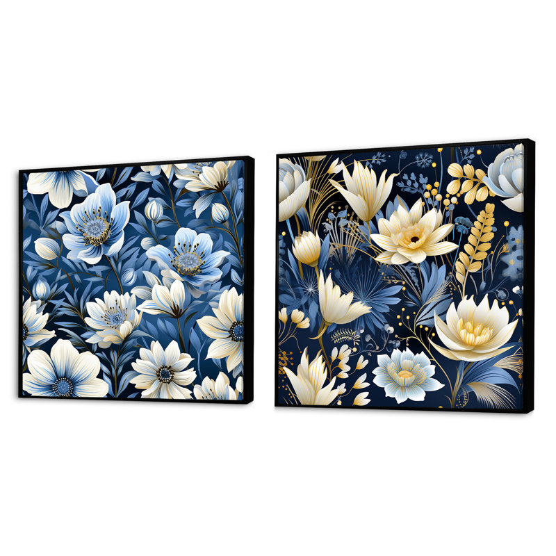 Polster - Ensemble de 2 collages floraux carrés, Cadre flottant noir, H 16 po x l 33 po