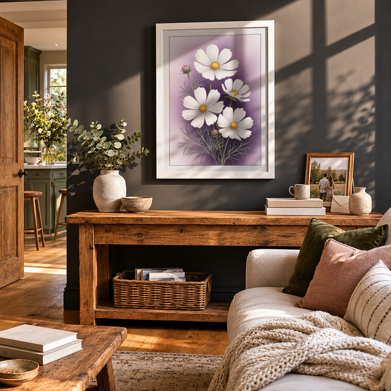 Daisies in Purple Light Botanical - Framed Print, A3 - 42.0 x 29.7 cm, White