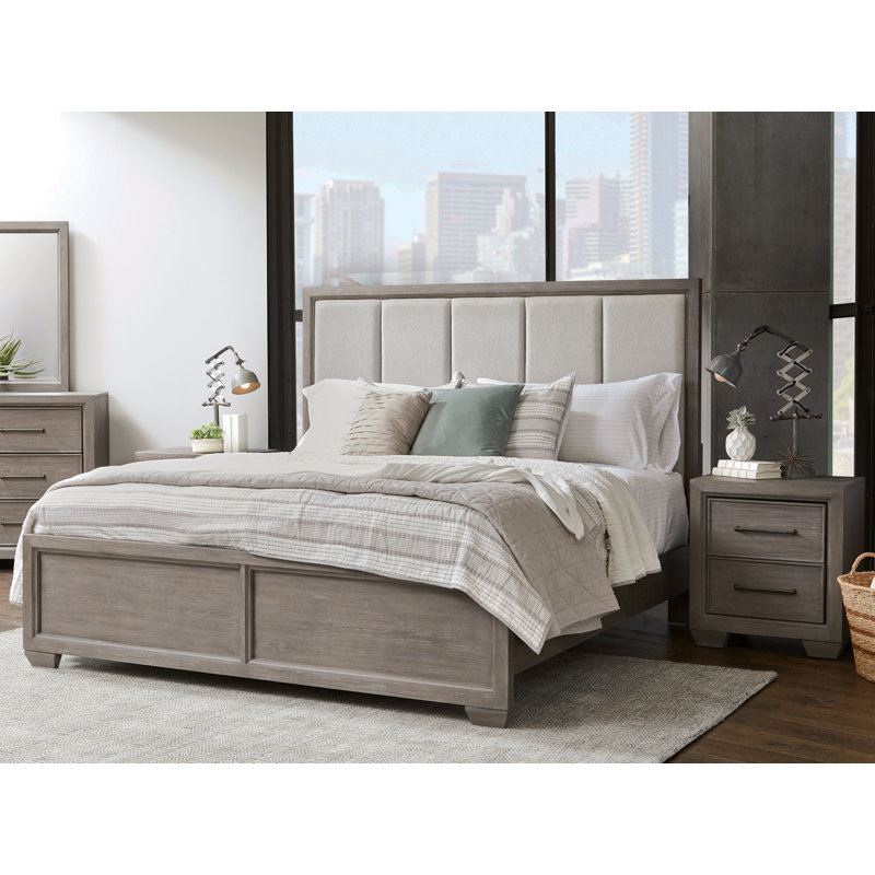 Gray Wood Upholstered Panel King Bed with Nightstands