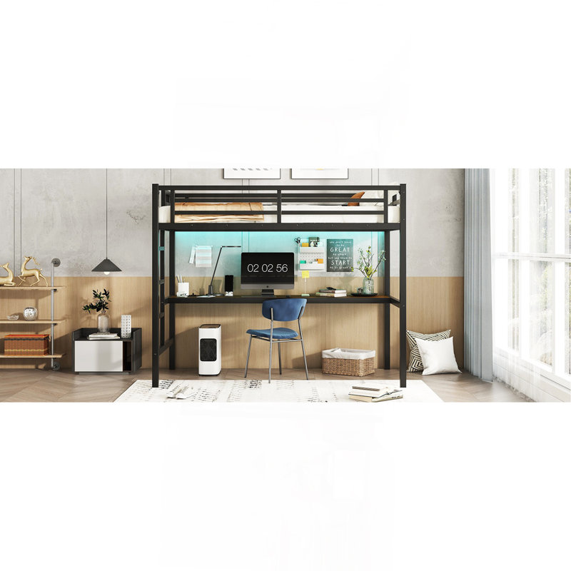 Metal Twin XL Size Loft Bed  With Power Outlet And LED Lighted, Space-Saving, Noise Reduced, Black