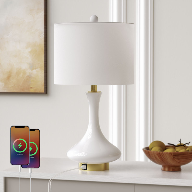 23.5" White Ceramic Table Lamp with USB & Type-C Ports and Pre-Assembled Linen Shade, White