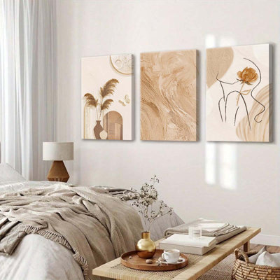 3Pcs Neutral Abstract Wall Art Cream Boho Abstract Wall Decor Modern Beige Minimalist Textured Canvas Prints Woman Silhouette Paintings Pictures For Living Room Office Canvas