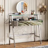 33.9" Mirrored Makeup Vanity Desk With Mirror And Lights, Mirrored Console Vanity Table With 2 Big Drawers & Open Shelf, Dressing Table With Charging Station For Bedroom