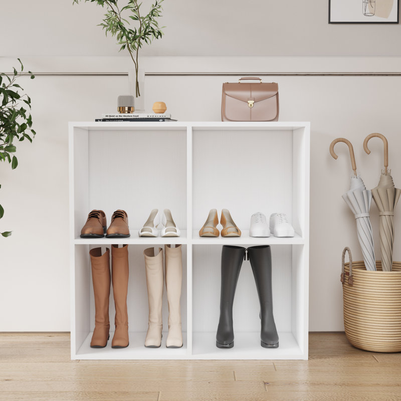 Latitude Run® Shoe Rack, 4 Compartment Open Storage Display Shoes Organizer FSSR015, Ivory White