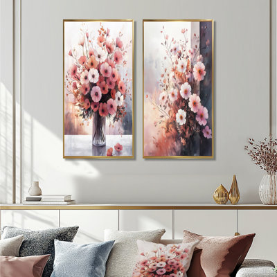 Rose et rose souci blanc I - art mural floral 2 pièces