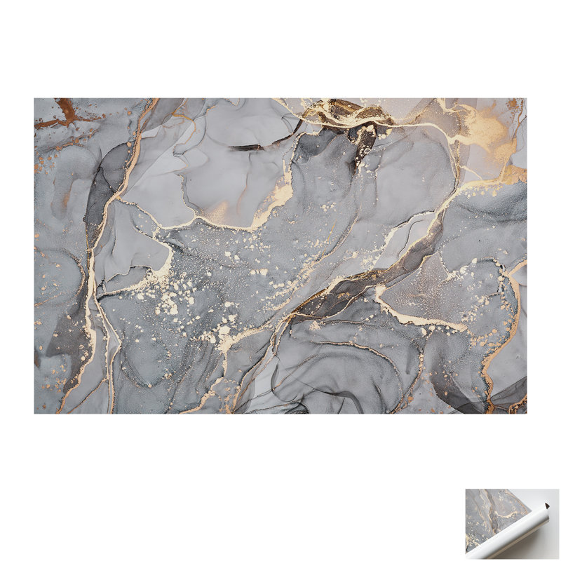 Modern Abstract Art Canvas - Luxury Marble Print Alcohol Ink Poster, Gold Floater Framed, 20 cm H x 30 cm W