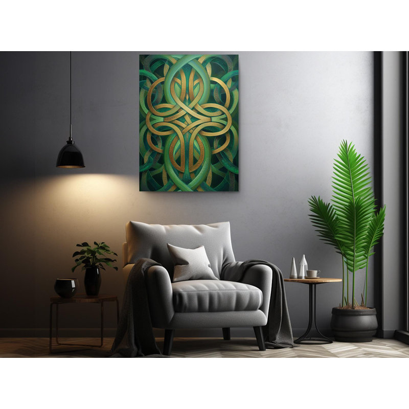 Art sur toile vert et doré avec nœuds celtiques - géométrie sacrée, reproduction de nœuds irlandais, œuvre de méditation spirituelle pour la maison, studio de yoga