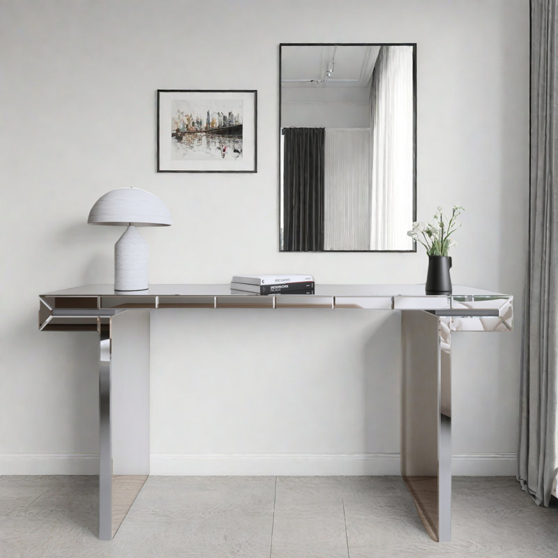 Console de luxe à miroir pleine longueur avec verre trempé cannelé et bord arrondi
