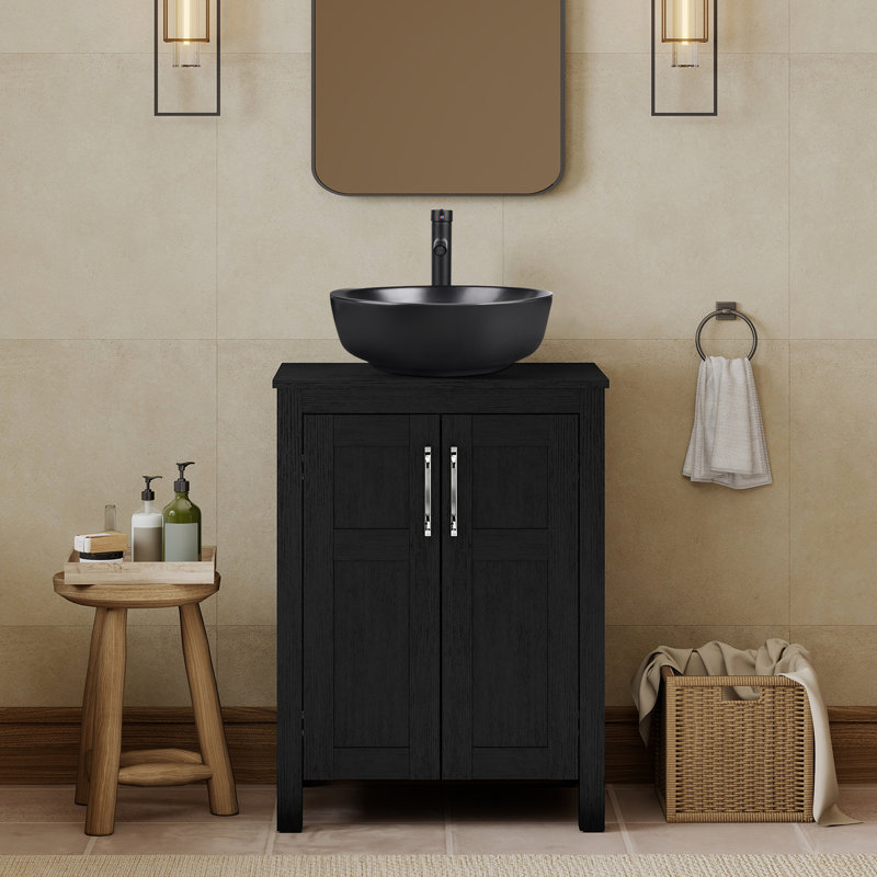 Kreutzer 24.4'' Single Bathroom Vanity with Manufactured Wood Top, Black, Black, Circular