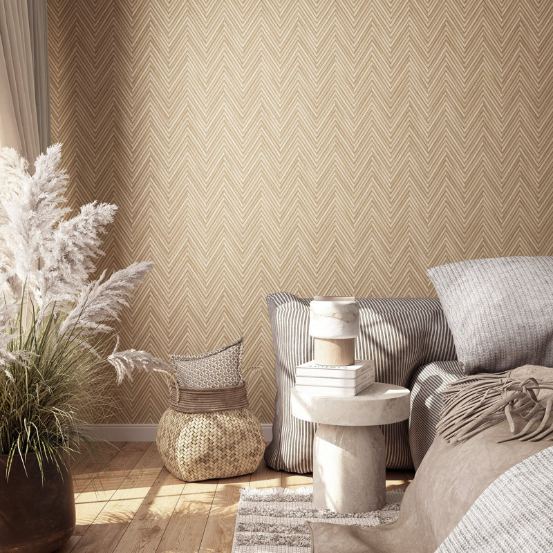 Woods and Wicker Collection Herringbone Wood Effect Wallpaper Roll, Beige