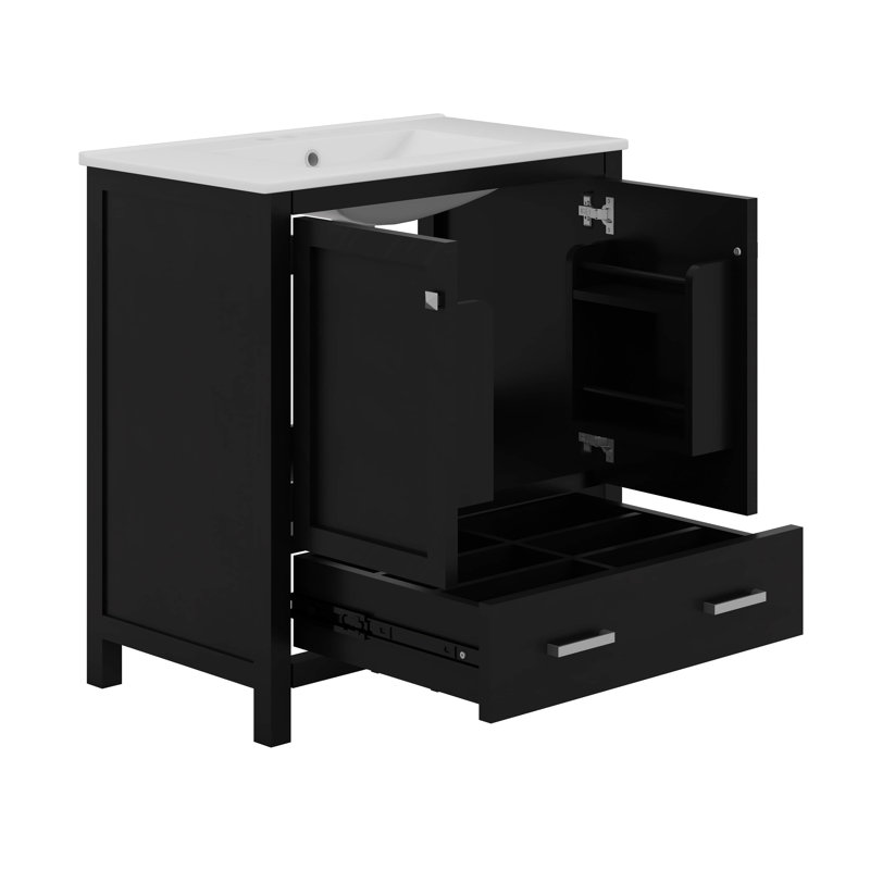 Ensemble de meuble-lavabo avec meuble-lavabo double, tablette de rangement et tiroirs divisés, Noir