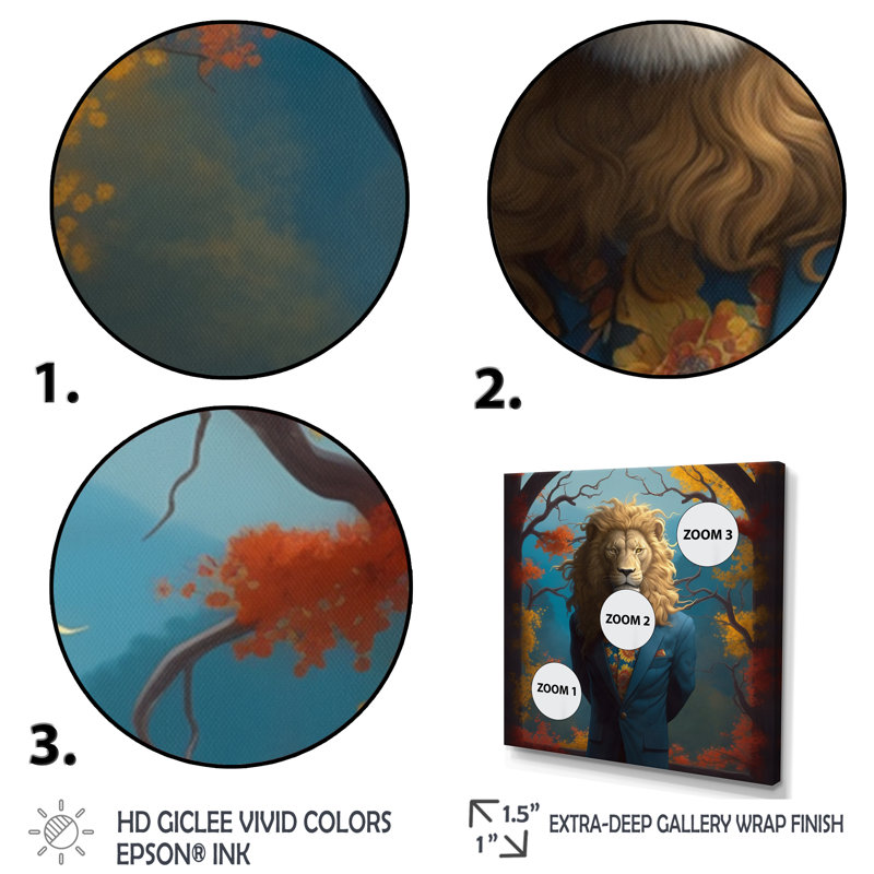 Lion jaune et bleu en costume sur toile, H 24 po x l 24 po x P 1 po, Cadre flottant noir