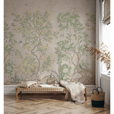 Papier peint à motif floral rétro avec oiseaux verts