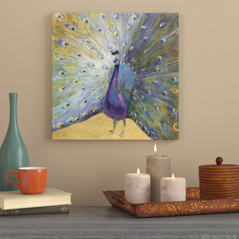 «Purple and Gold Peacock», reproduction de peinture acrylique, H 12 po x l 12 po x P 0,75 po, Toile tendue
