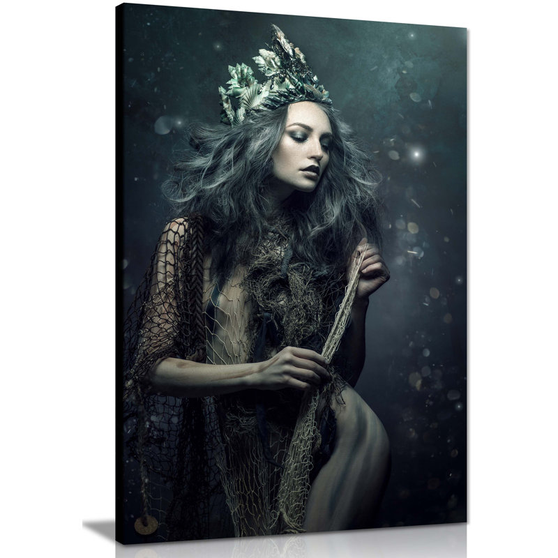 Mermaid Sea Goddess Wearing Green Crown 1 Piece Wrapped Canvas Wall Art, 76cm H x 51cm W