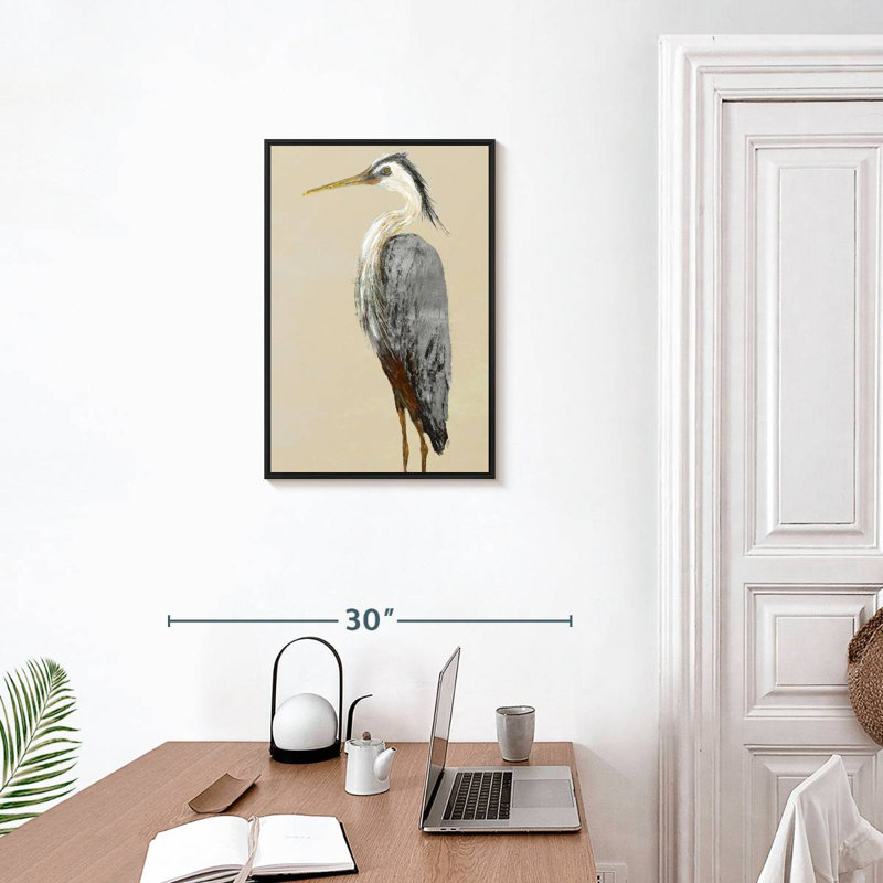 Héron sur fond brun clair II, Cadre flottant noir, 17 po x 25 po