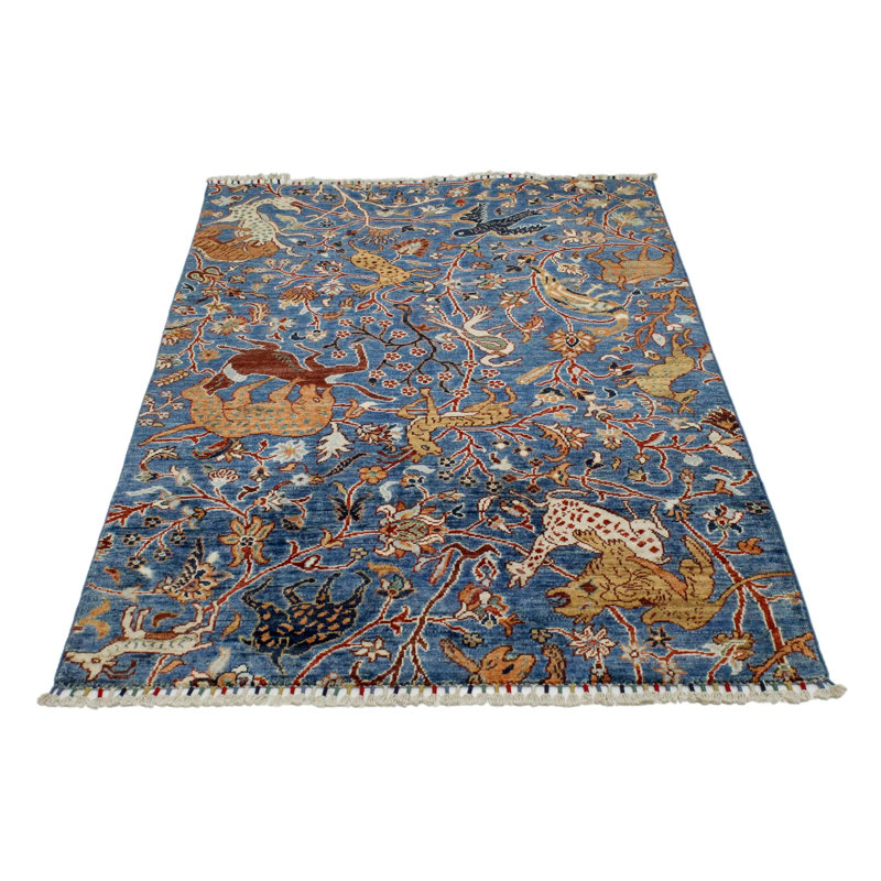 4x6 Blue and Multicolor Turkish Tribal Rug