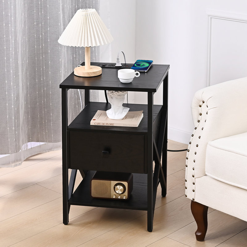 End Table with Wireless Charging Station, Black Side Tables Living Room with Outlet, End Table with Wood Drawer, Black