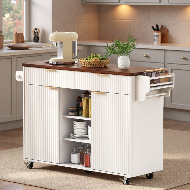 Fluted Kitchen Island With Drop Leaf, Power Outlet, Adjustable Shelves, 2 Doors And 2 Drawers, White