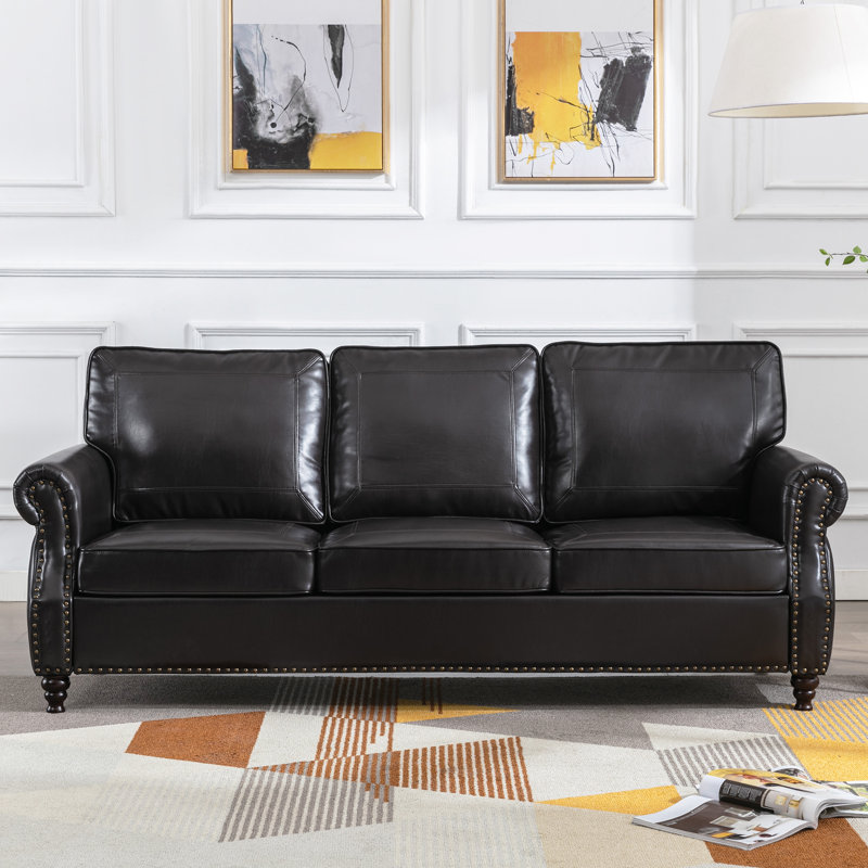 80" Wide Faux Leather Rolled Arm Sofa, Black