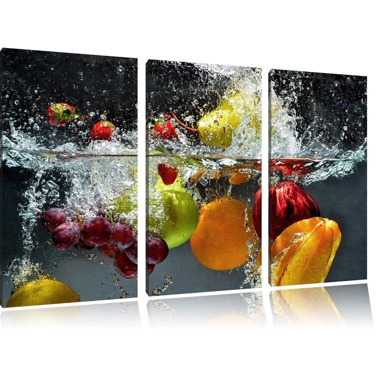 3-tlg. Leinwandbild-Set „Früchte fallen ins Wasser", Fotodruck