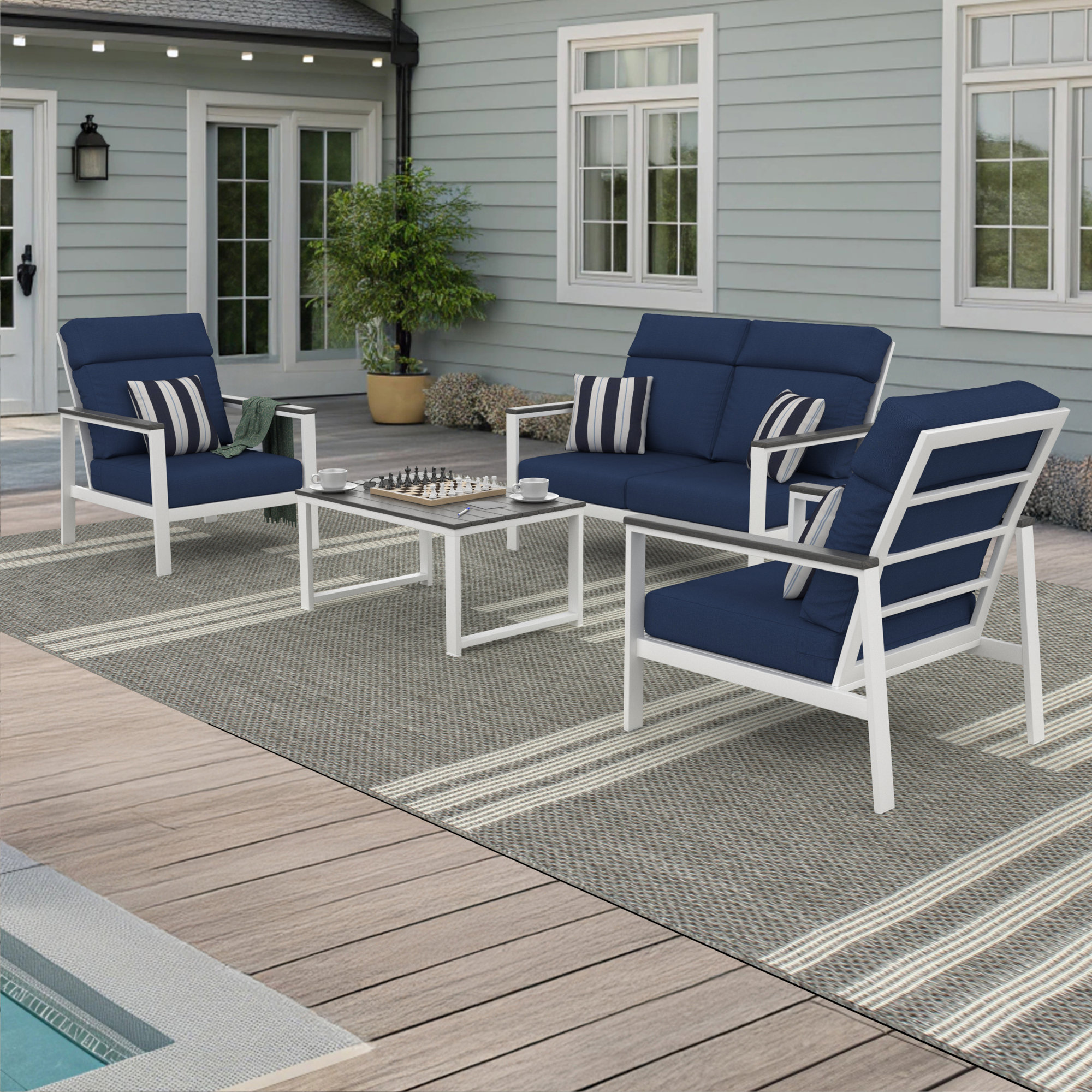 Hofman 4 Person Seating Group With Sunbrella Cushions, Gray, Canvas Navy