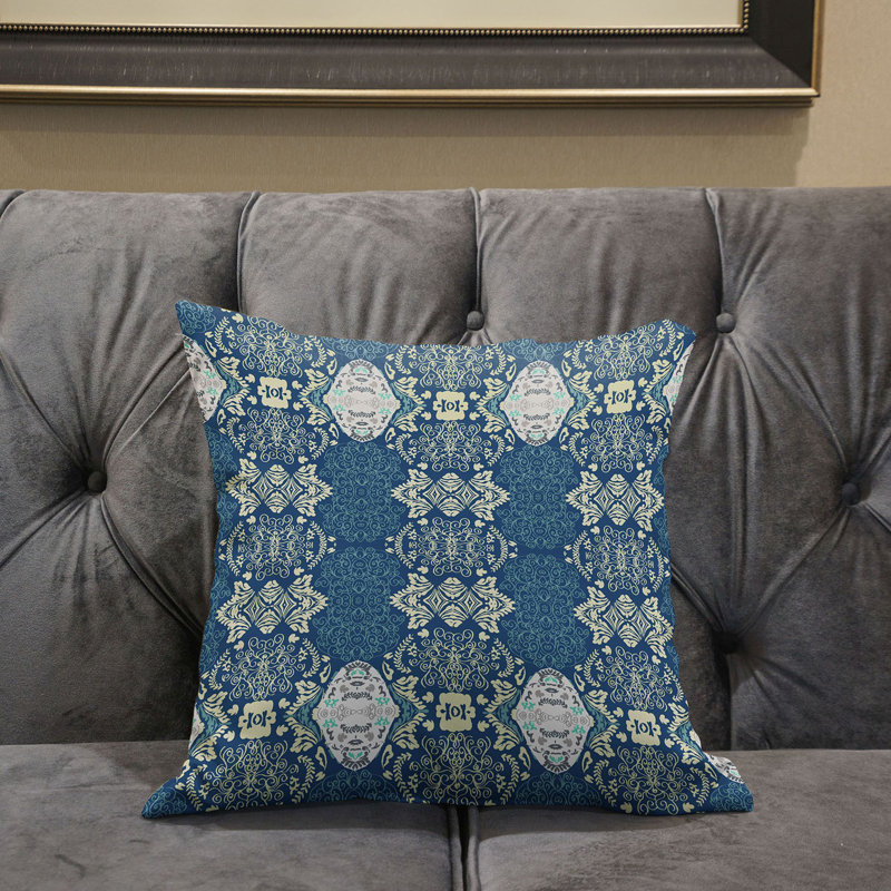 Housse et insert de coussin carré en polyester intérieur / extérieur, 16 po x 16 po, Blanc cassé / Bleu