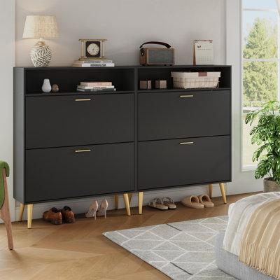 Armoire de rangement pour chaussures 24 paires avec bibliothèque - séparateurs amovibles et pieds dorés en bois