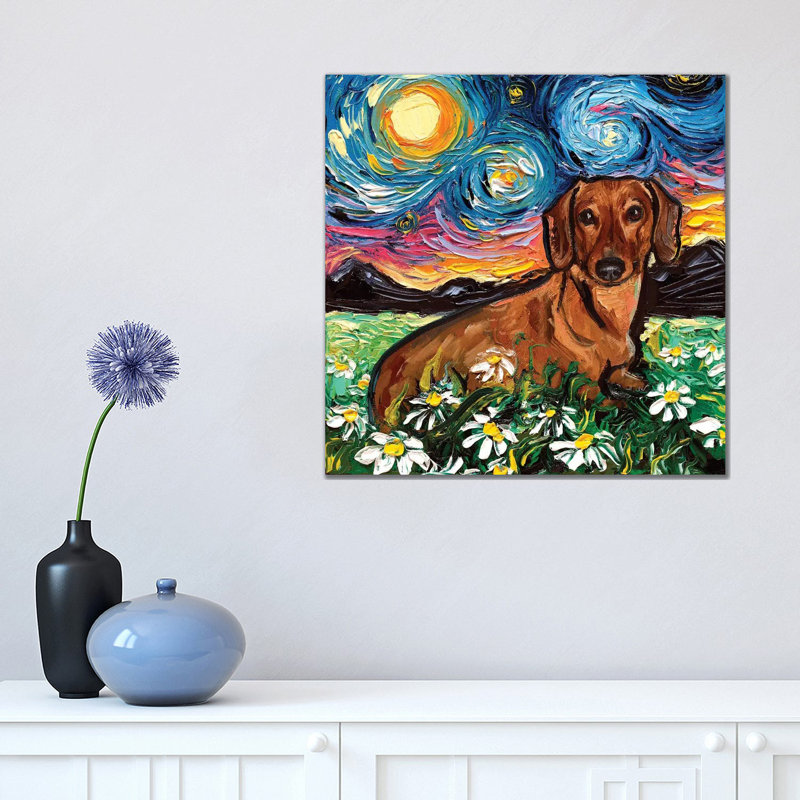 Daisy Dachshund Night by Aja Trier - Painting on Canvas, Wrapped Canvas, 45.72 cm H x 45.72 cm W x 1.91 cm D