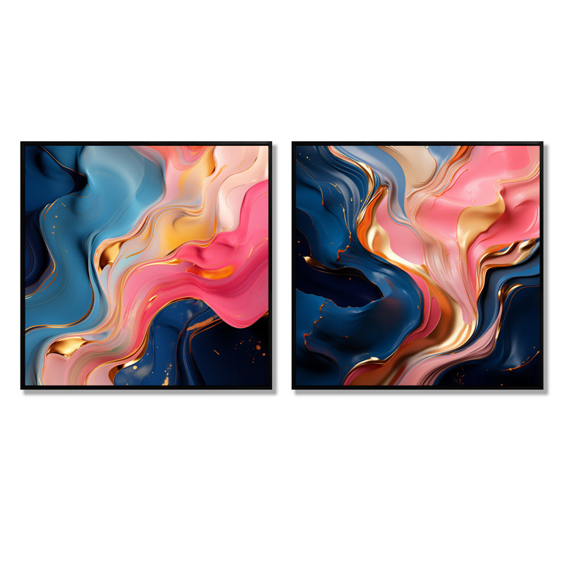 «Pink and Gold», encre liquide abstraite I - ensemble de 2 reproductions d'art sur toile, Cadre noir