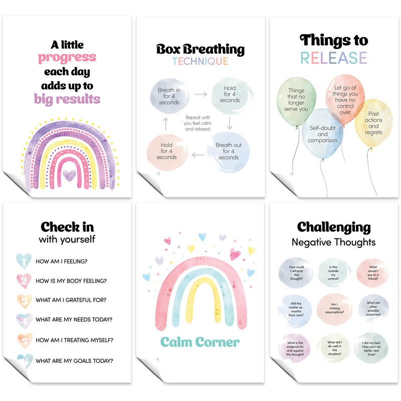 A Little Progress Each Day, Box Breathing Technique, Calm Corner, Challenging Negative Thoughts - 6 Piece No Frame Print Set