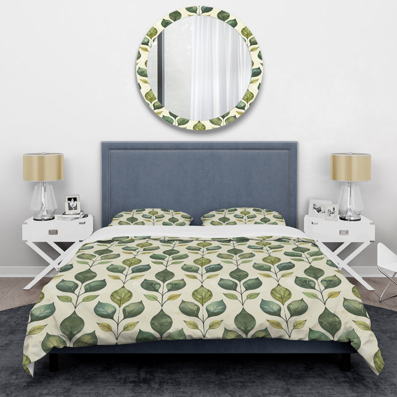 Ensemble de housse de couette moderne vert et beige à motif de treillis II, Housse de couette pour grand lit + 2 taies décora
