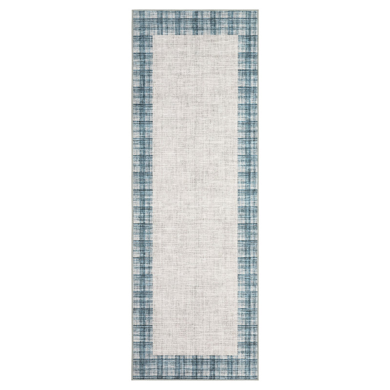 Modern Bordered Plaid Rugs Soft Thin Washable Hallway with Non-Slip TPR Rubber Backing, Foldable Low Pile Non Shedding Rugs