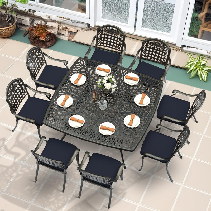 9-Piece Outdoor Furniture Dining Set For 8, All Weather Cast Aluminum Patio Dining Set- Large 64" Square Table With Umbrella Hole And 8 Cushioned Chairs, Patio Table And Chairs Set