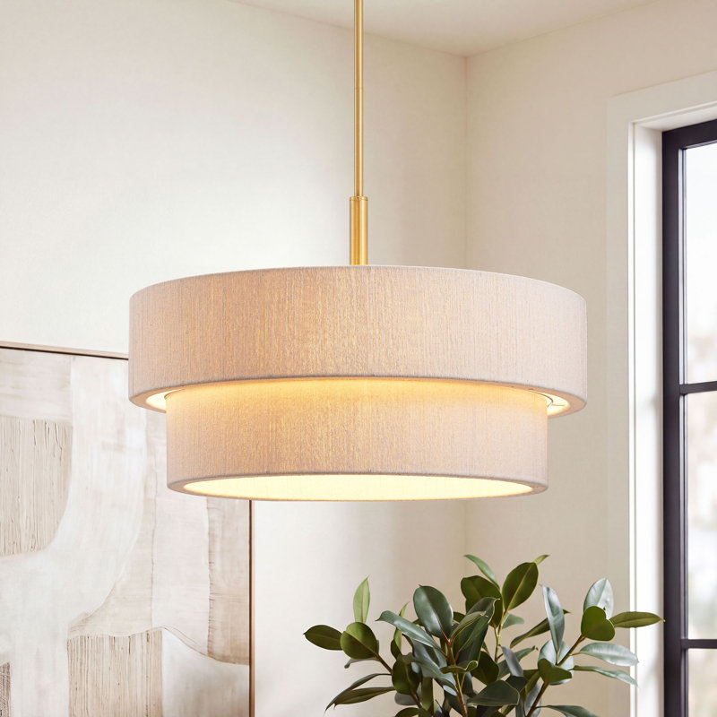 Lustre tambour en coton tissé à la main 24 lumières à 6 lumières à intensité variable, Doré