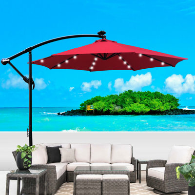 Parasol de patio solaire 10 pi - 8 nervures, manivelle, fondu croisé pour jardin extérieur, terrasse, piscine de couleur rouge avec manivelle ouverte, terrasse de jardin à la décoloration