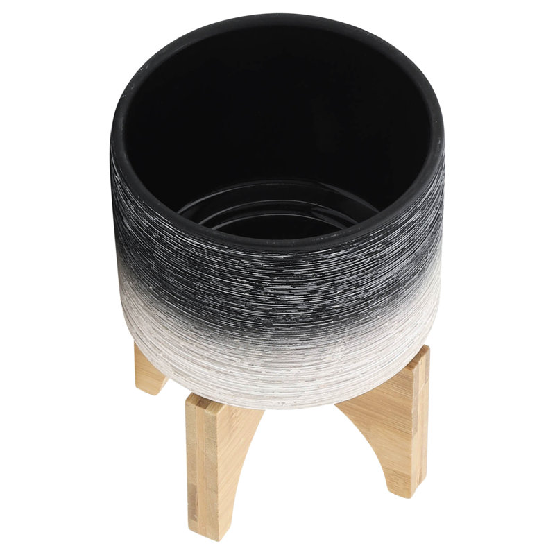 Pot à fleurs en céramique de 5 po avec support en bois, gris