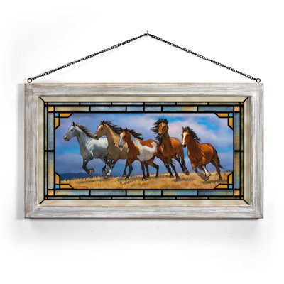SGA OVER THE TOP HORSES 13X23 CC; STAINED GLASS ART WHITEWASH FRAMED