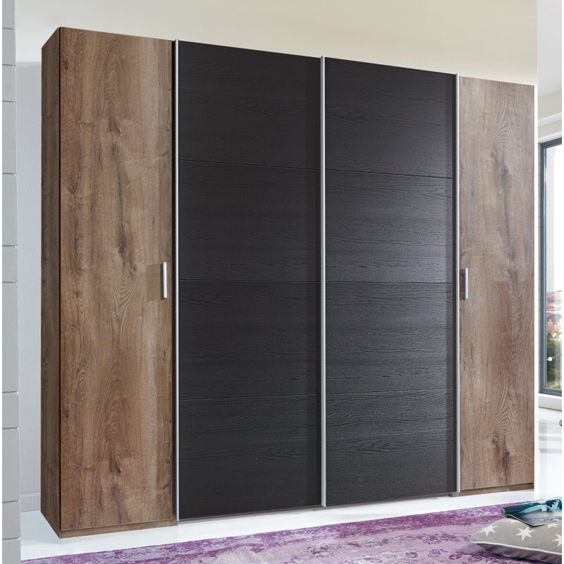 Honaz 4 Door Manufactured Wood Wardrobe, 210cm H x 225cm W x 65cm D, Black/Brown