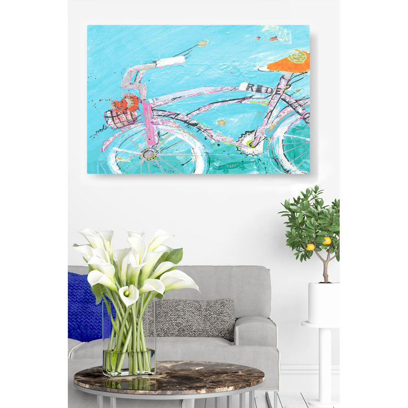 Collage de bicyclettes sur fond bleu, doré, bleu sarcelle, rouge, orange, H 16 po x l 24 po x P 1,5 po