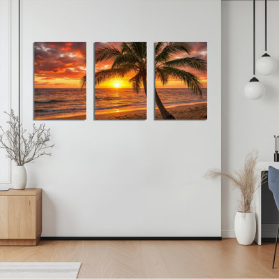 Tropical coucher de soleil palmier sur toile tendue, ensemble de 3 reproductions d'art à l'huile sur toile pour salon chambre à coucher